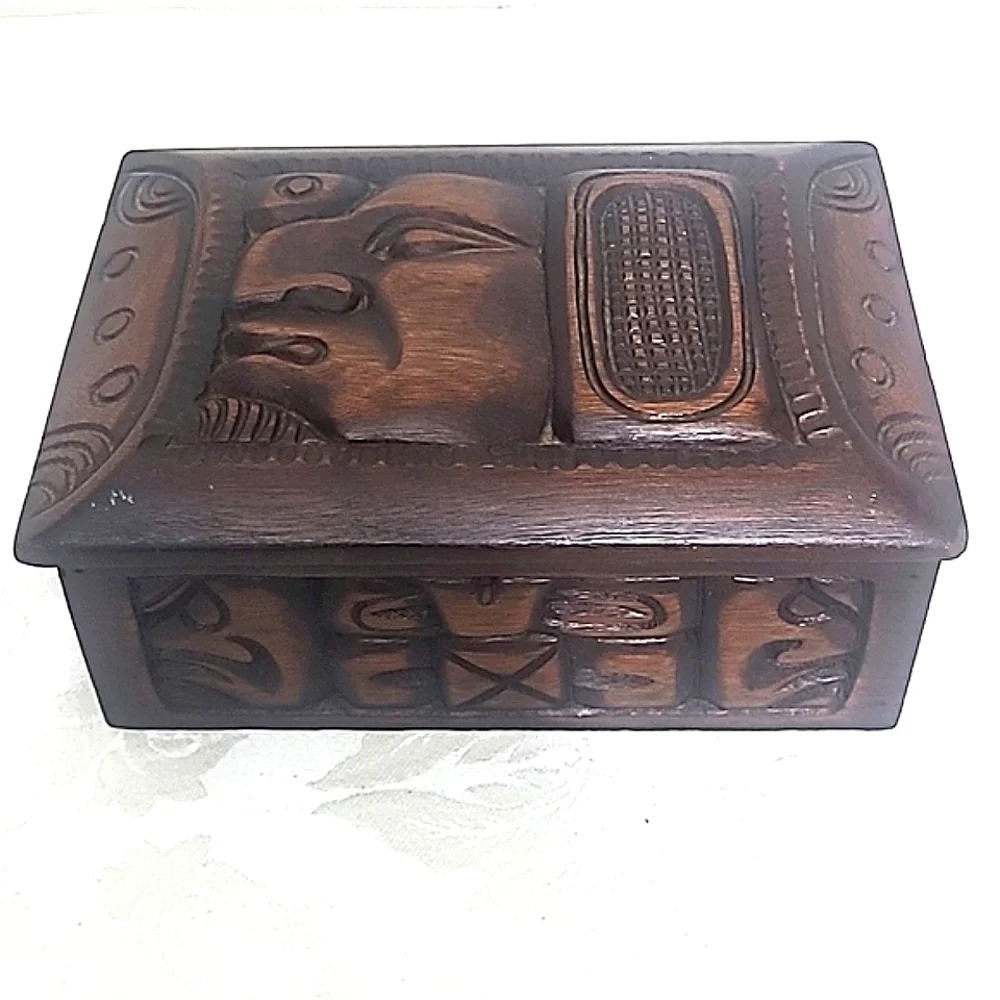 Wooden Humidor Box Stained Carved Man Tribal Tiki  Cigar Box Vintage